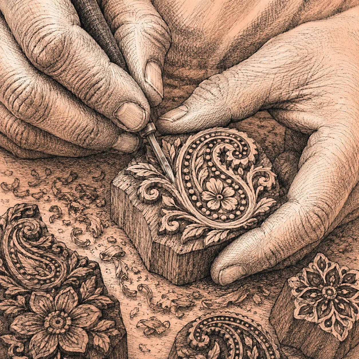 A karigar carving a paisley motif into a wooden printing block with a fine chisel.