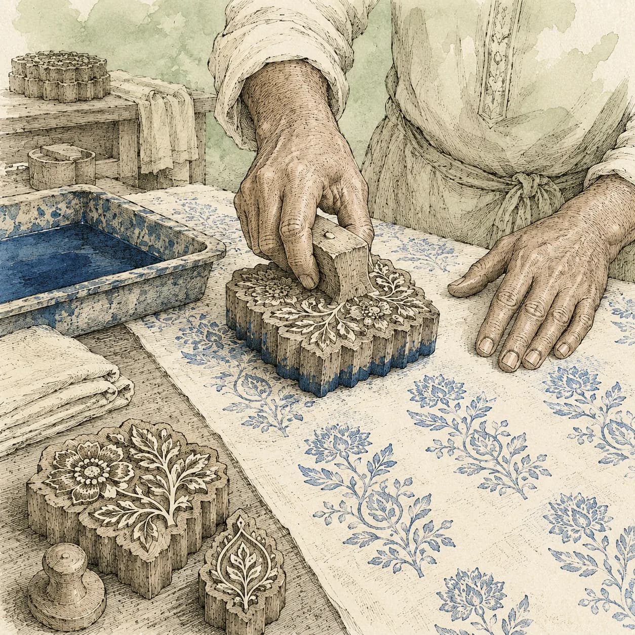 A hand pressing a dye-loaded wooden block onto cloth, leaving a blue floral guideline print.