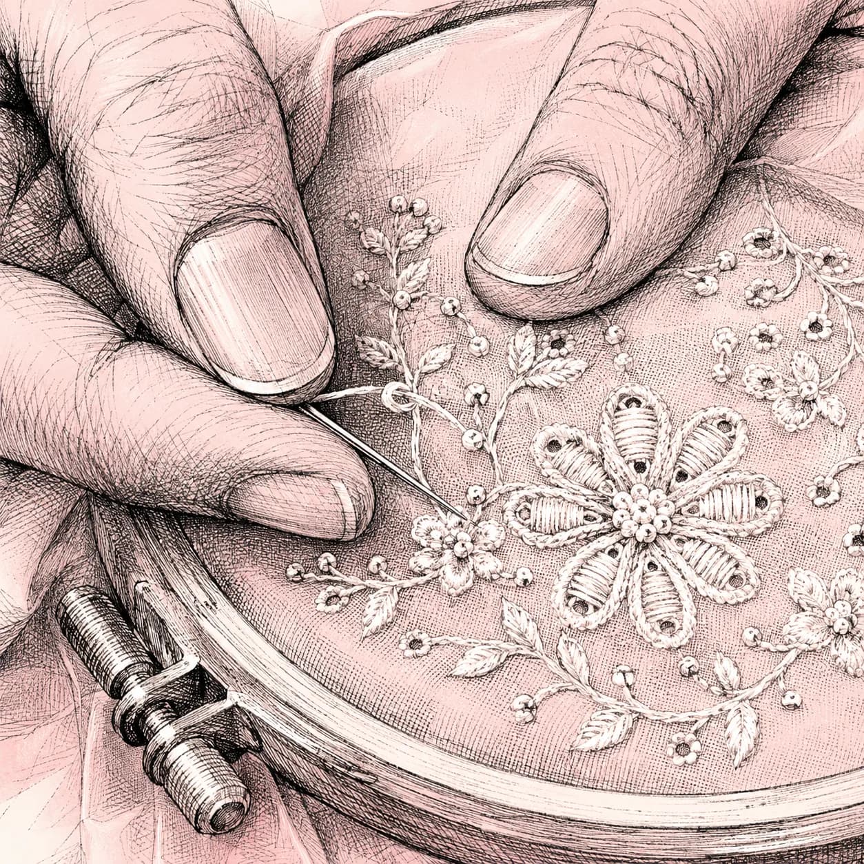 A needle drawing thread through fine cloth, forming a raised chikankari flower.