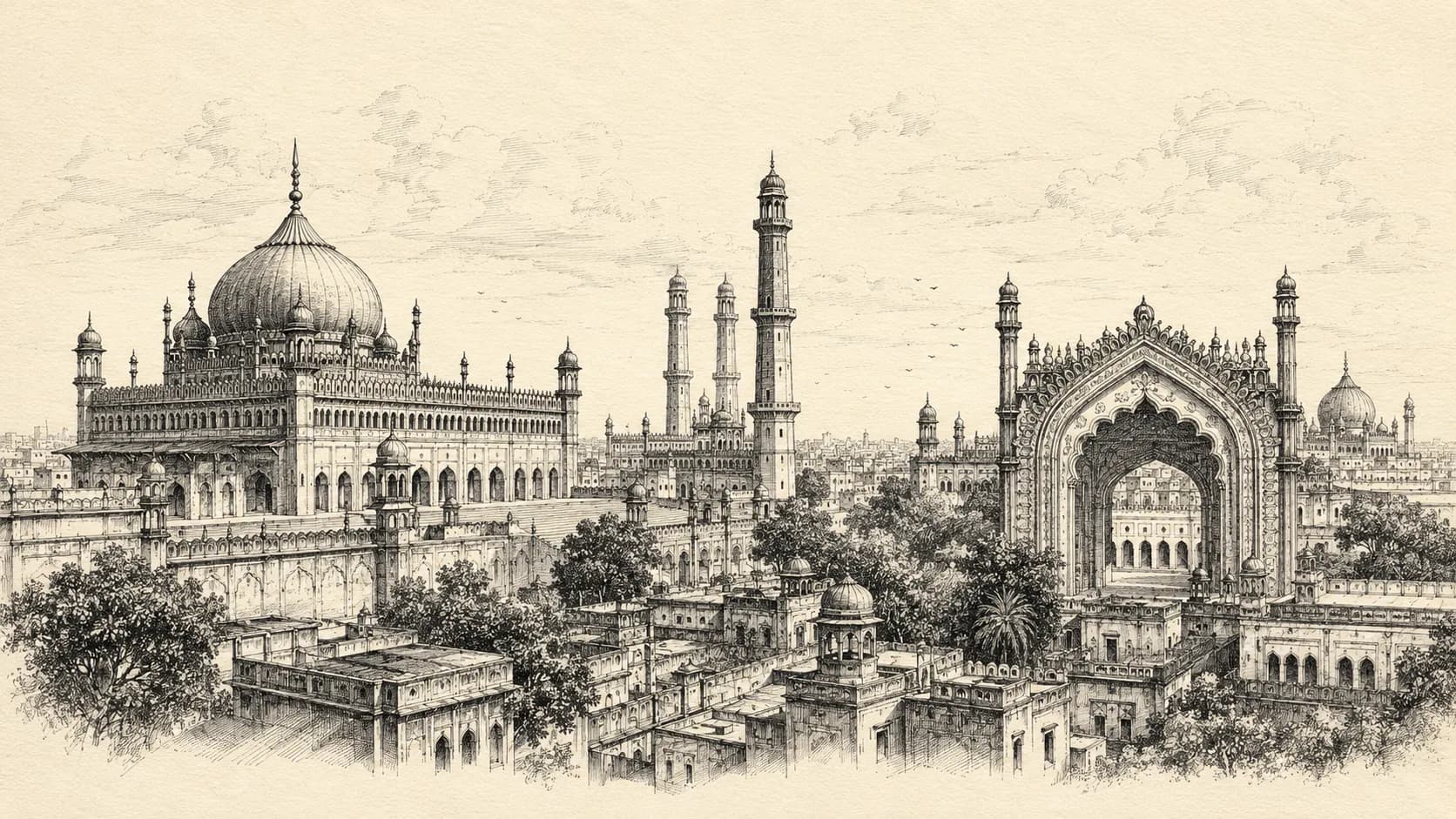 The skyline of Lucknow — domes and minarets of the old city of Awadh.