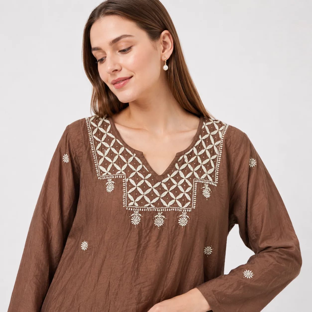 Cocoa Brown Chikankari Kurta — view 3