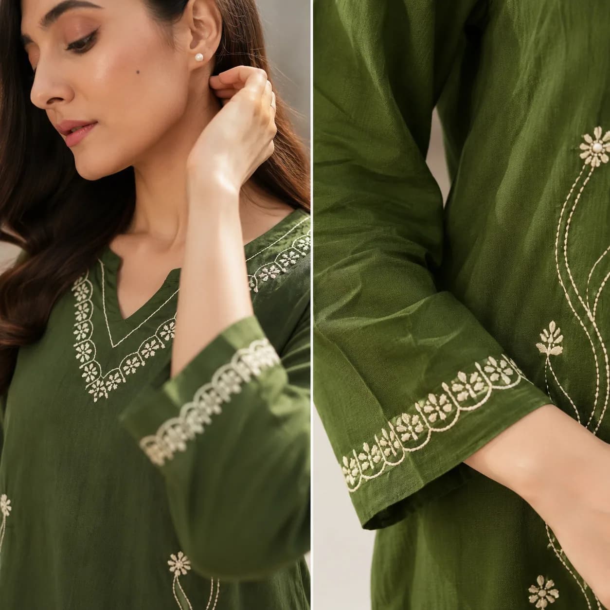 Olive Green Chikankari Kurta — view 3