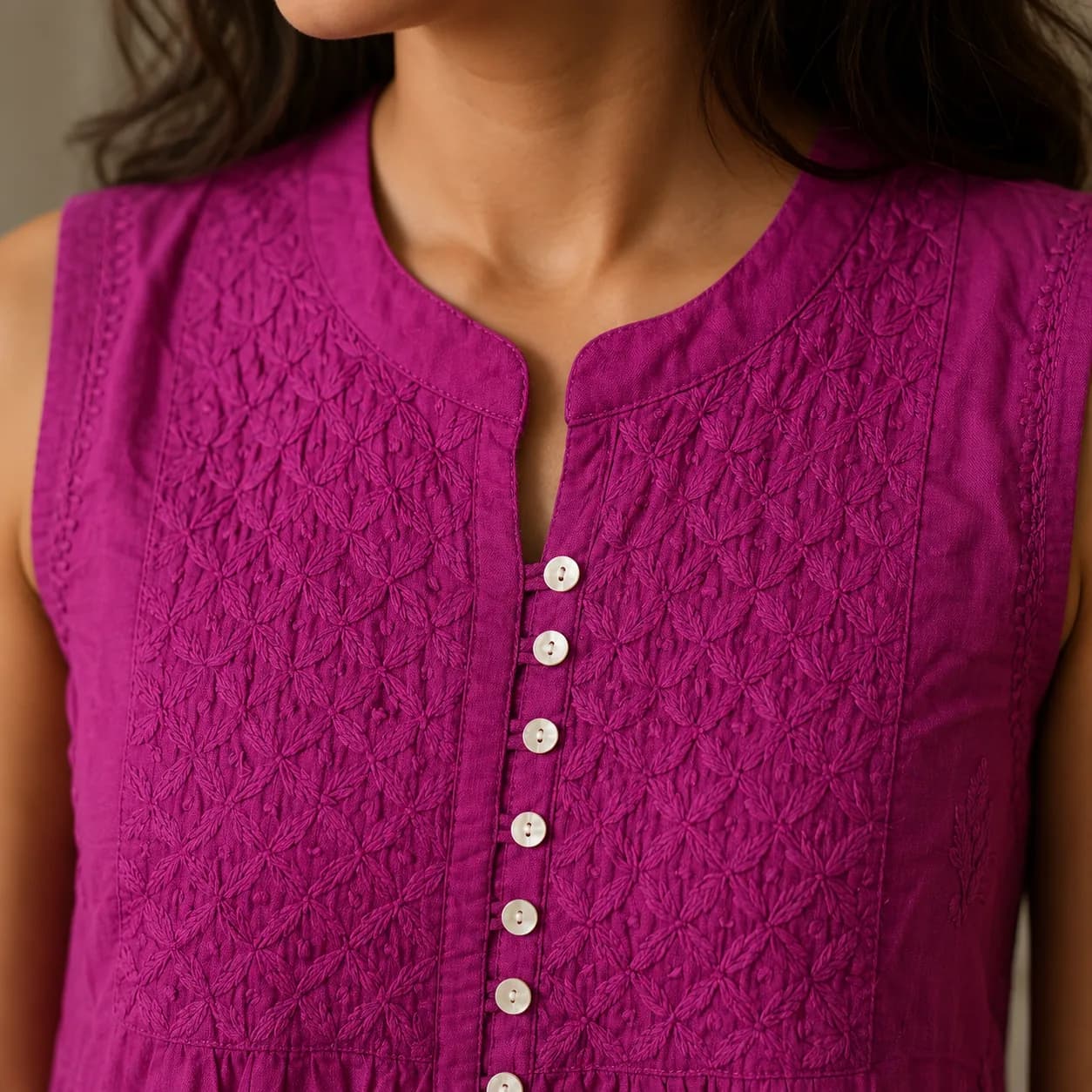 Magenta Embroidered Cotton Dress