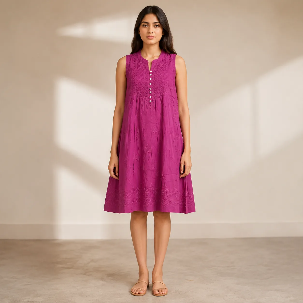 Magenta Embroidered Cotton Dress — view 3