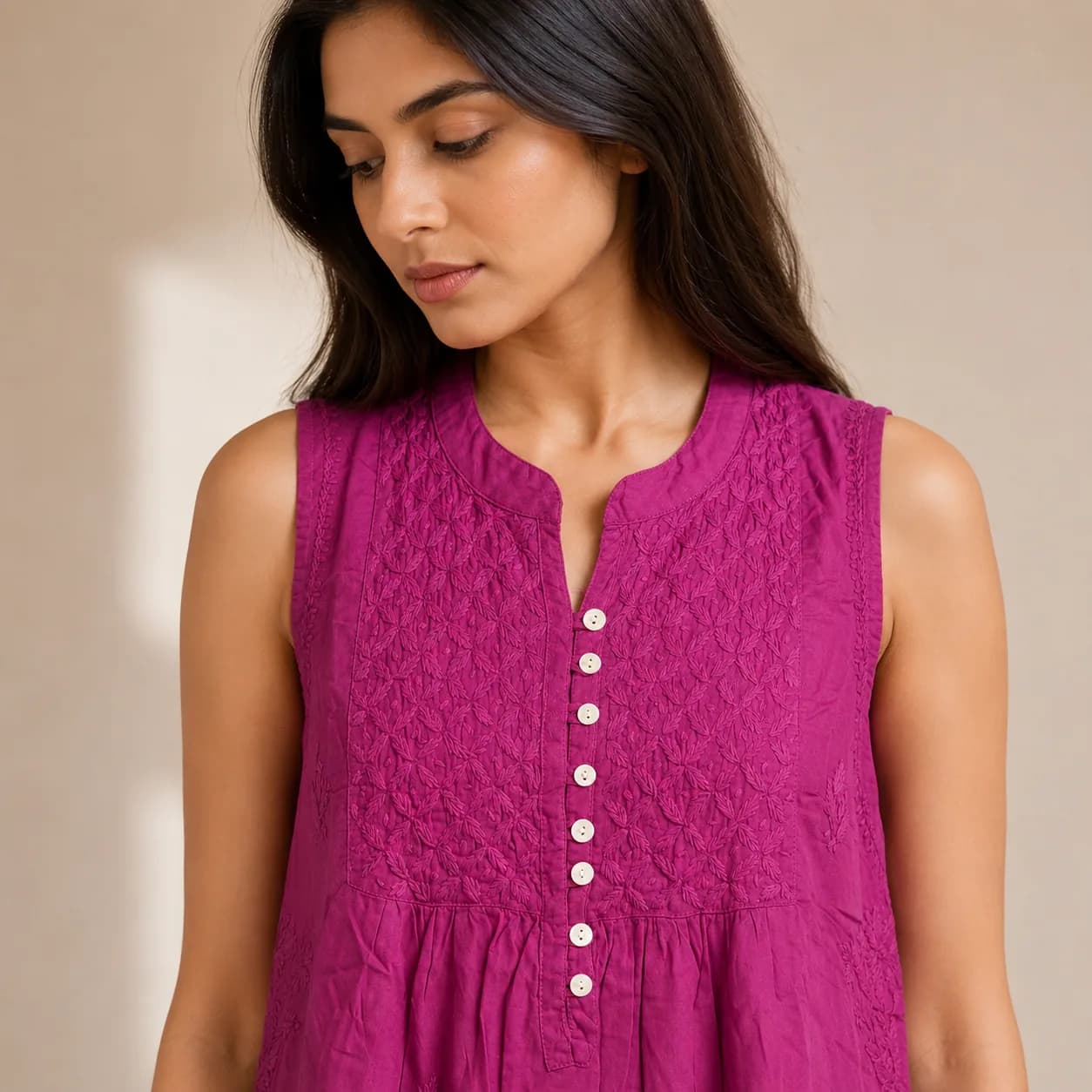 Magenta Embroidered Cotton Dress — view 4
