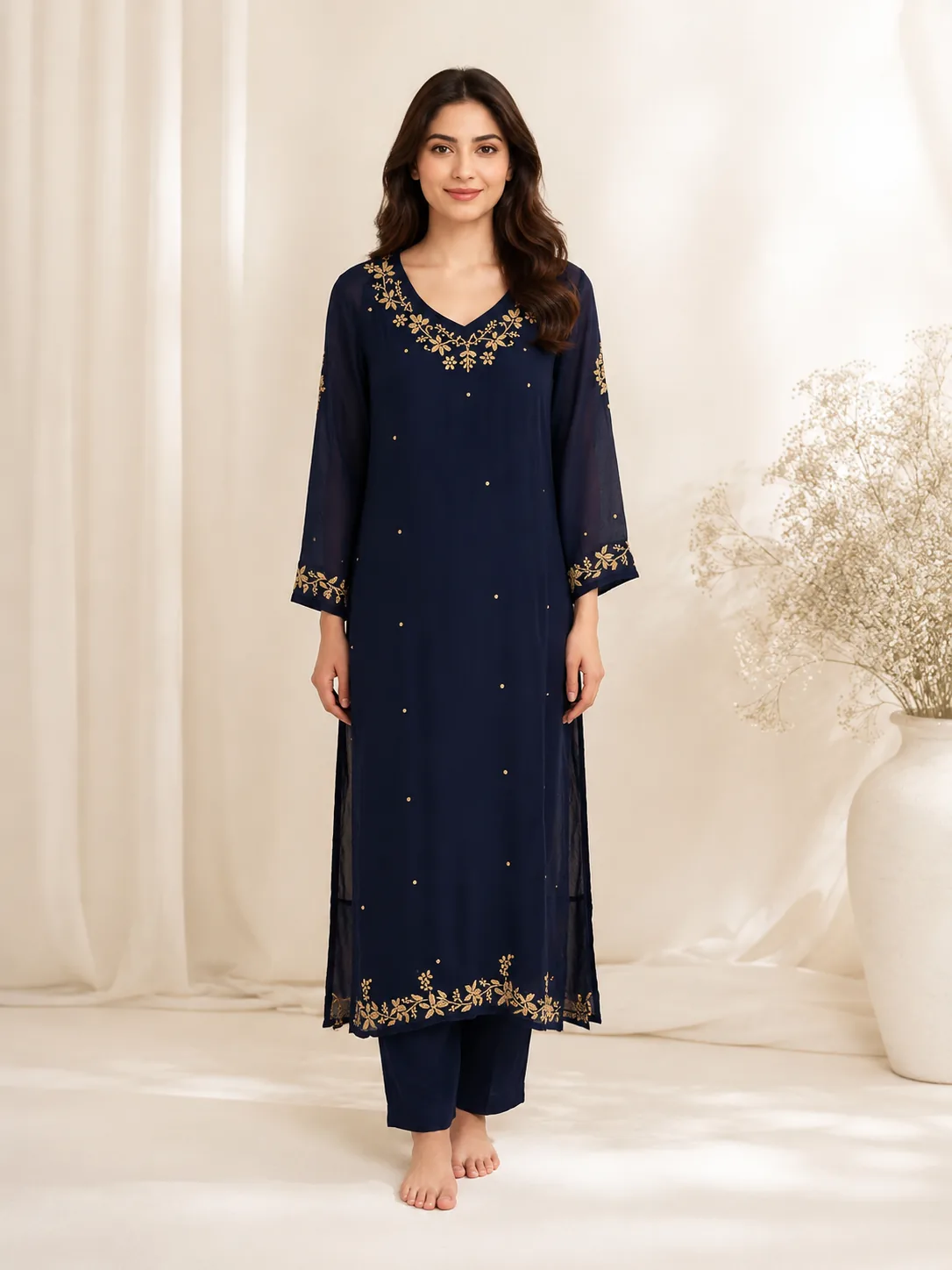 Navy Blue Gold Zari Kurta Set — view 2