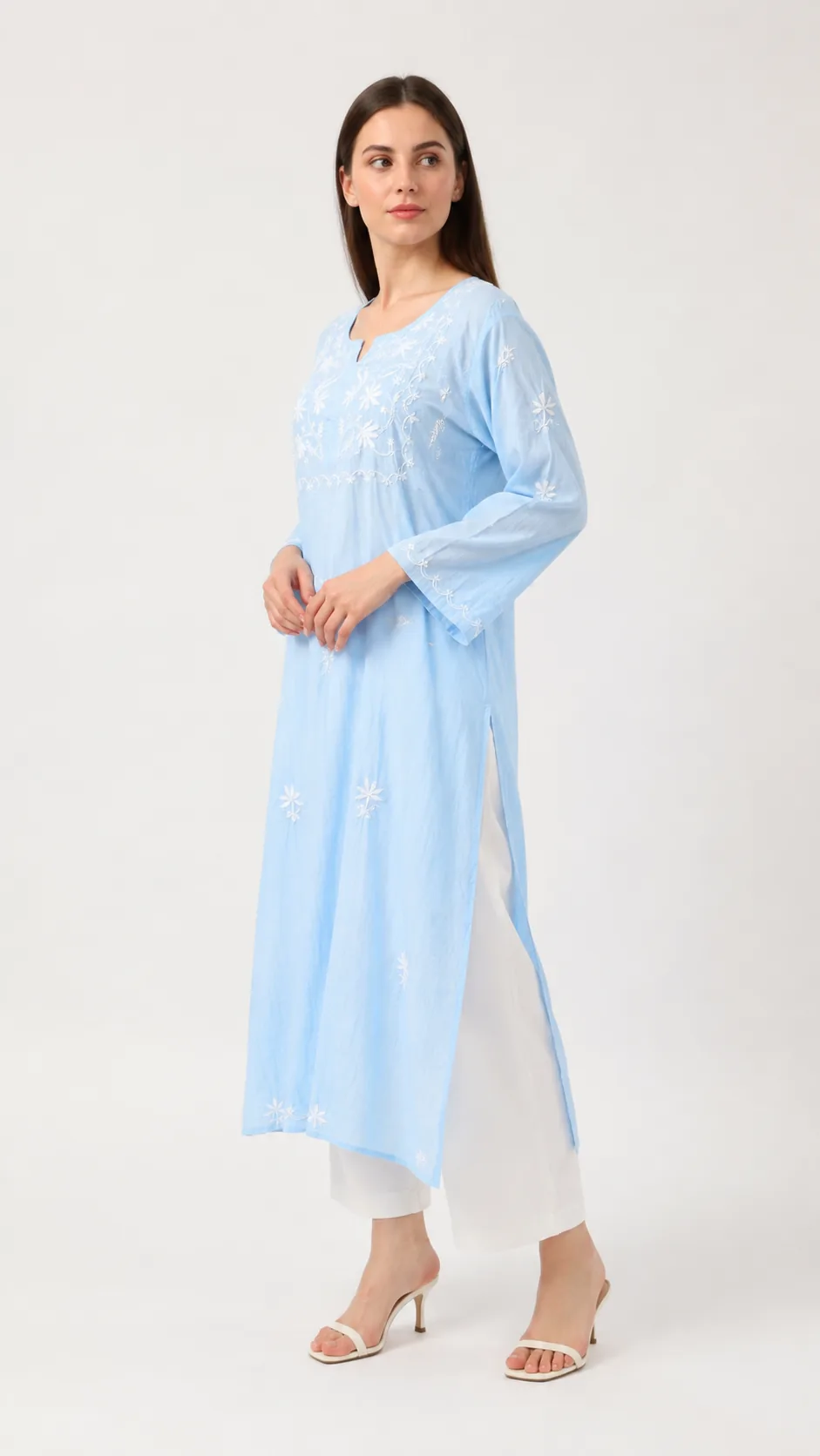 Sky Blue Embroidered Cotton Kurta