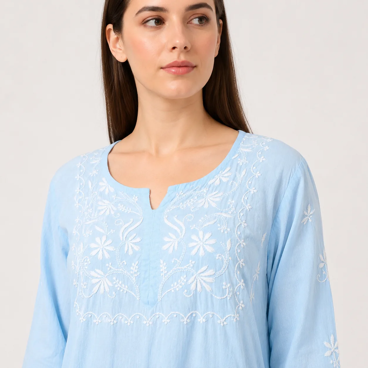 Sky Blue Embroidered Cotton Kurta — view 3