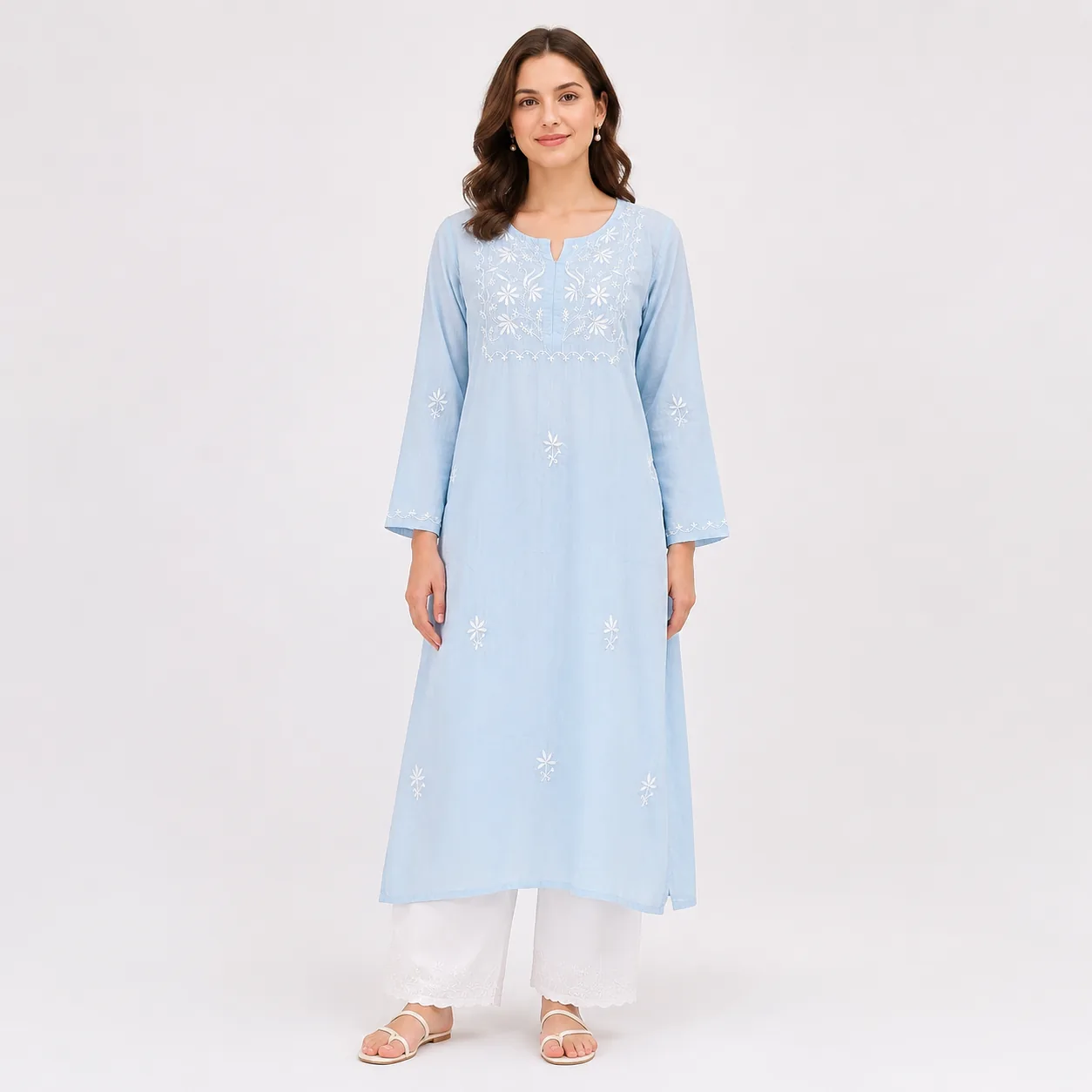 Sky Blue Embroidered Cotton Kurta — view 5