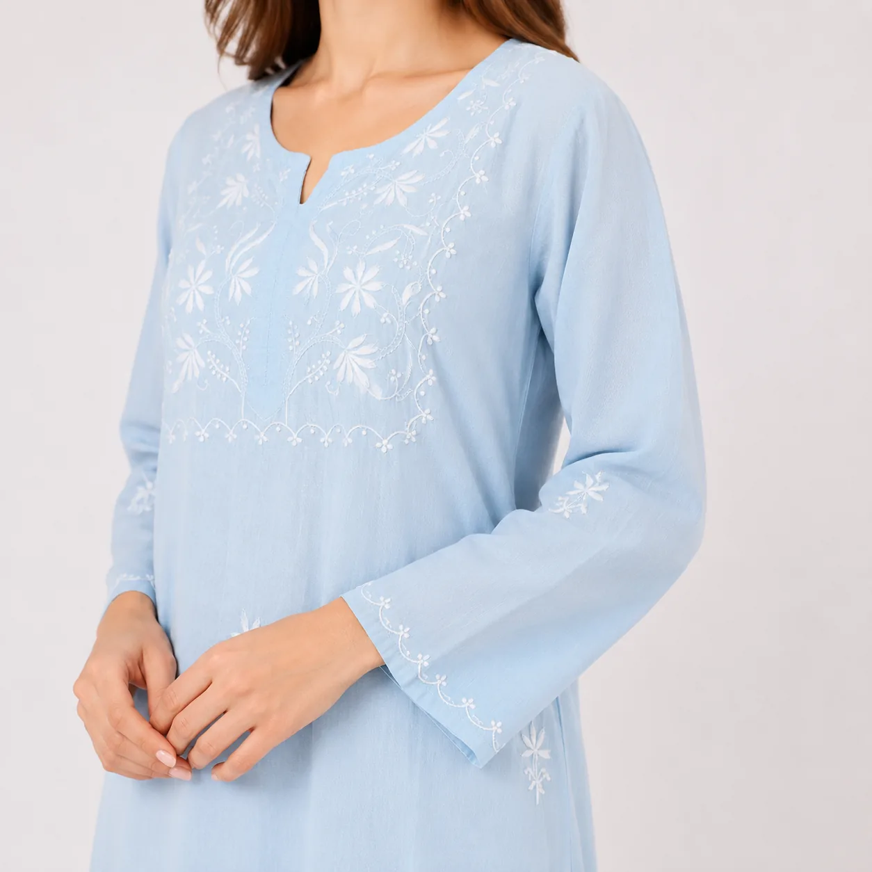 Sky Blue Embroidered Cotton Kurta — view 6
