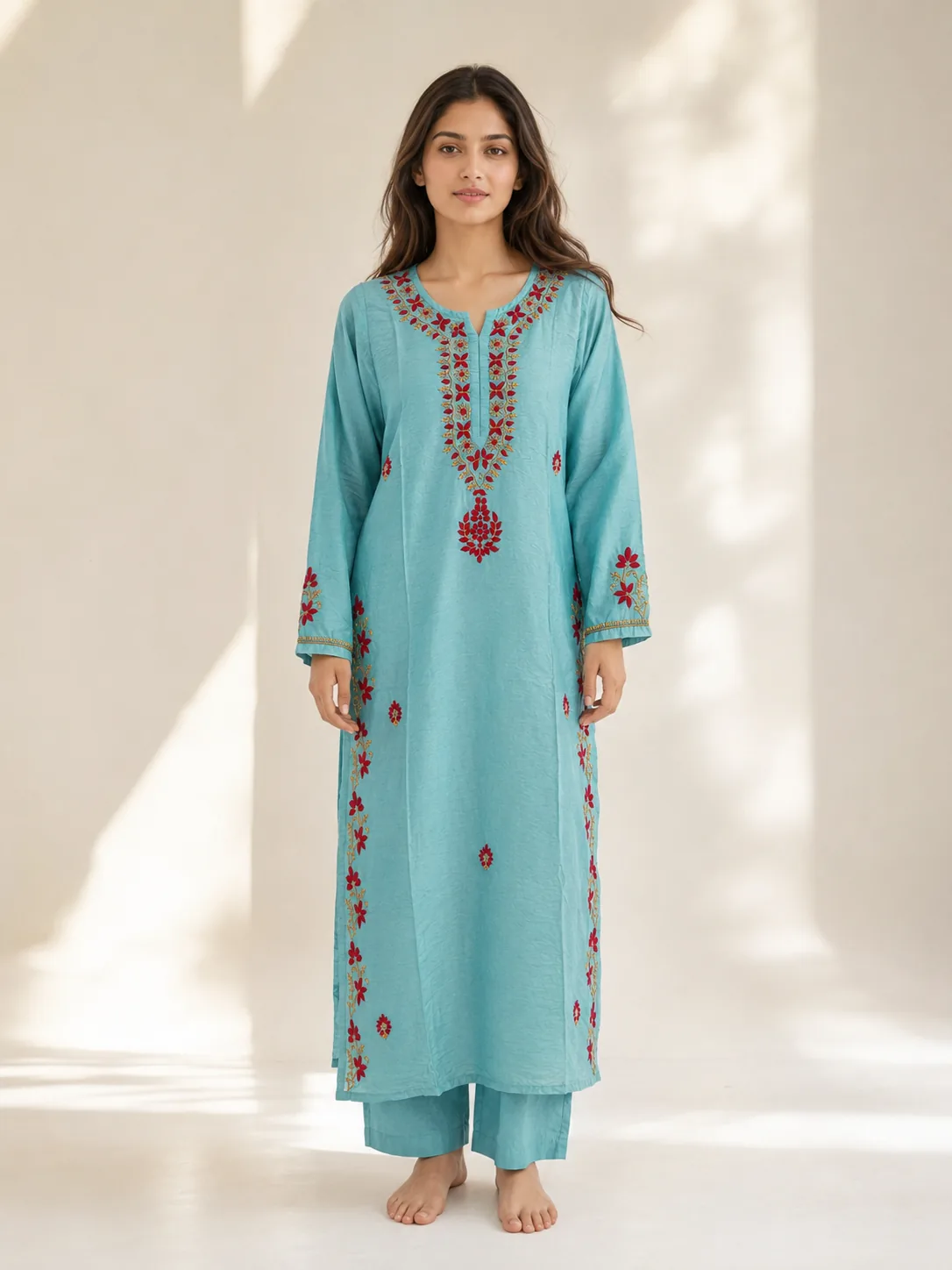 Aqua Blue Embroidered Cotton Kurta Set with Dupatta