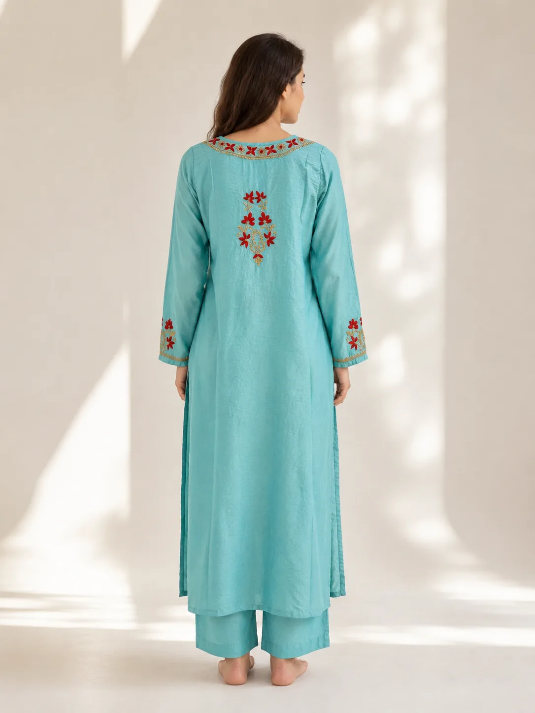 Aqua Blue Embroidered Cotton Kurta Set with Dupatta — view 2