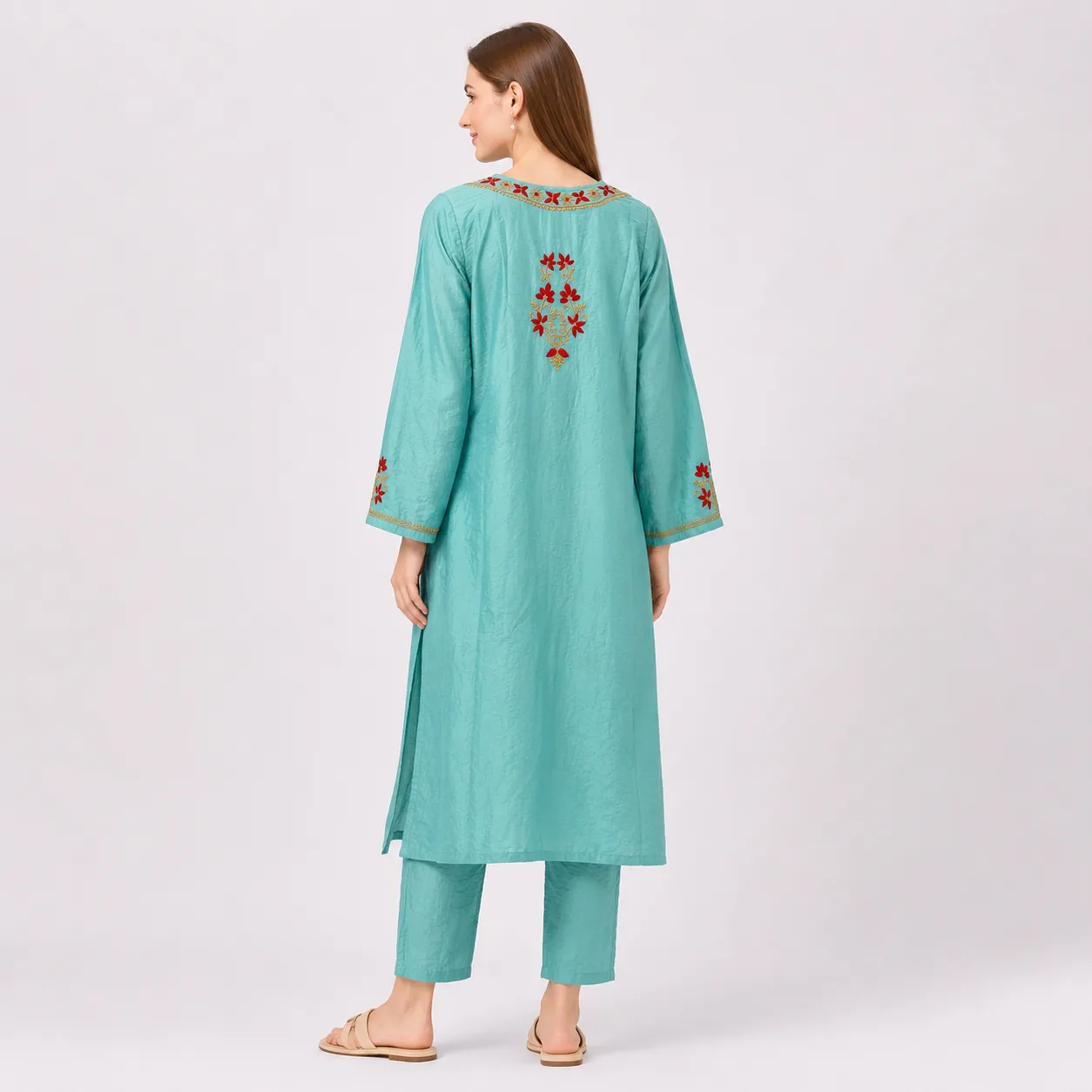 Aqua Blue Embroidered Cotton Kurta Set with Dupatta — view 5