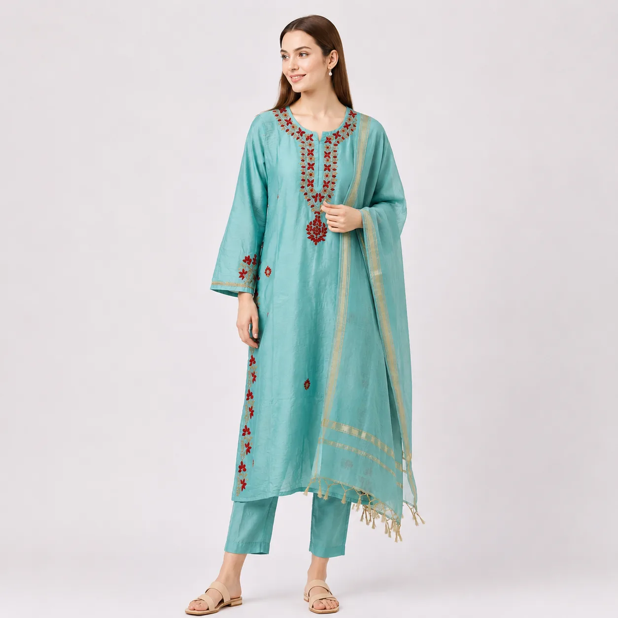 Aqua Blue Embroidered Cotton Kurta Set with Dupatta — view 7