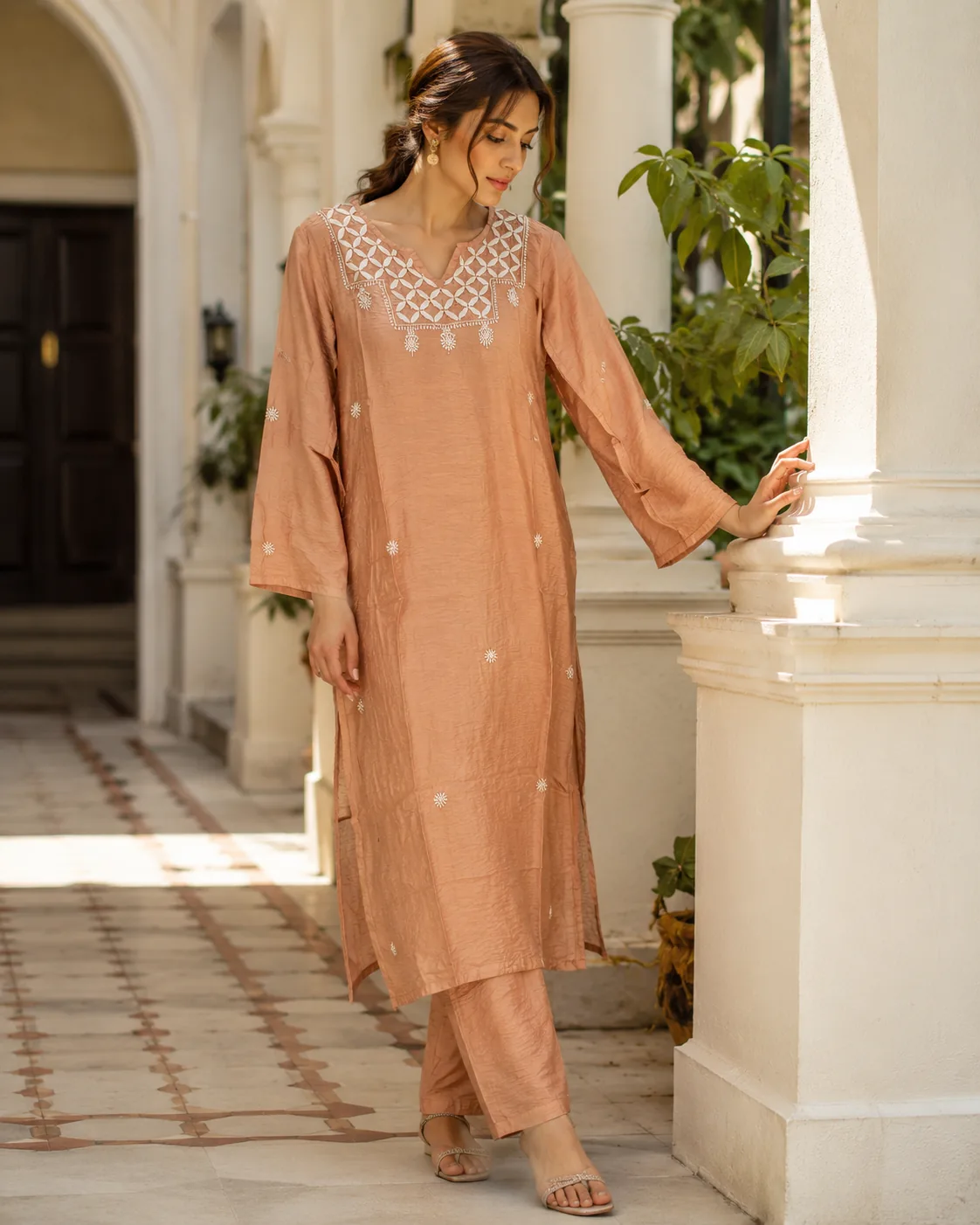 Blush Peach Chanderi Embroidered Kurta Pant Set