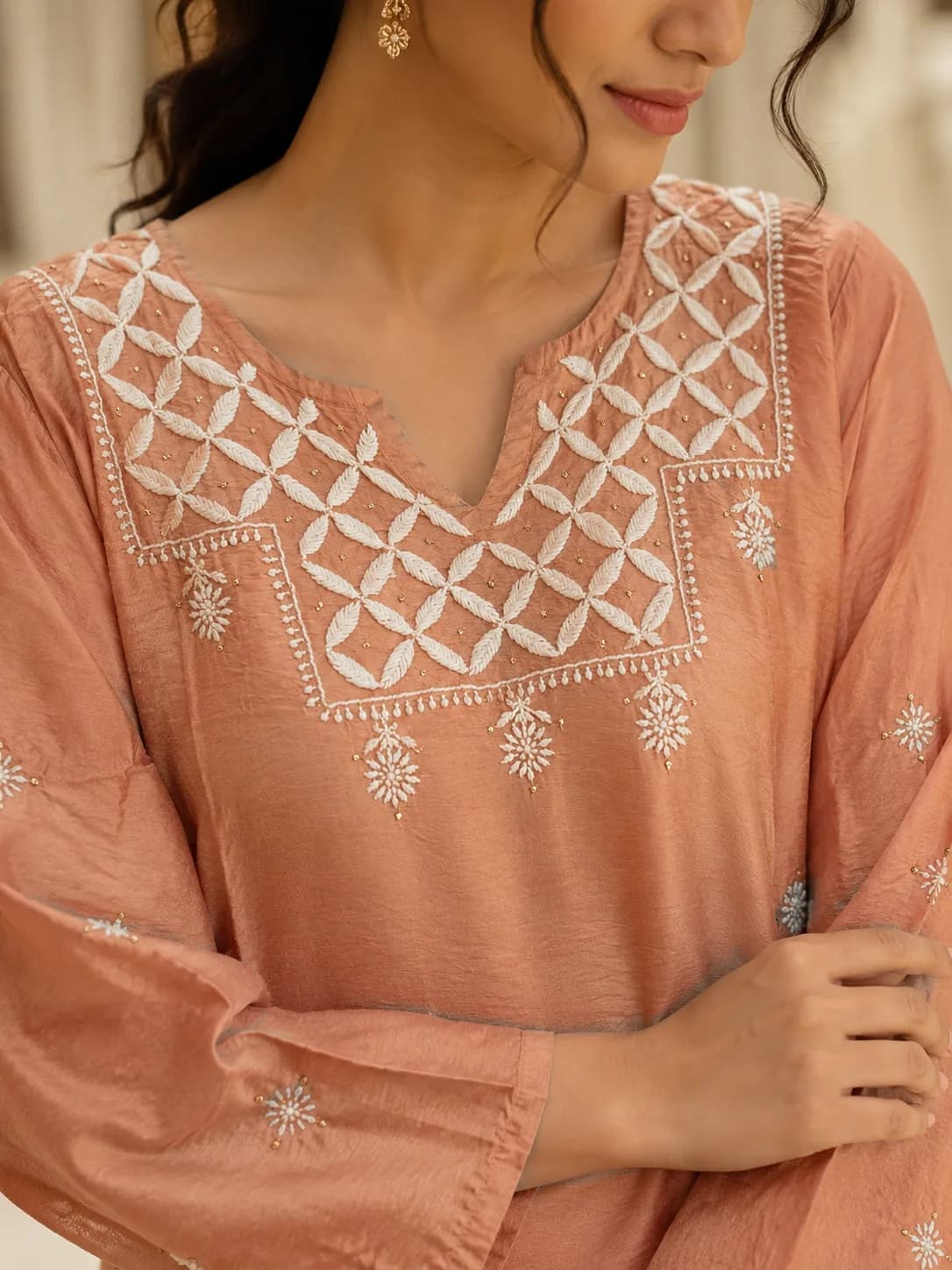Blush Peach Chanderi Embroidered Kurta Pant Set — view 3