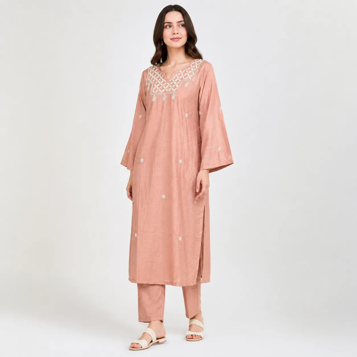 Blush Peach Chanderi Embroidered Kurta Pant Set — view 4