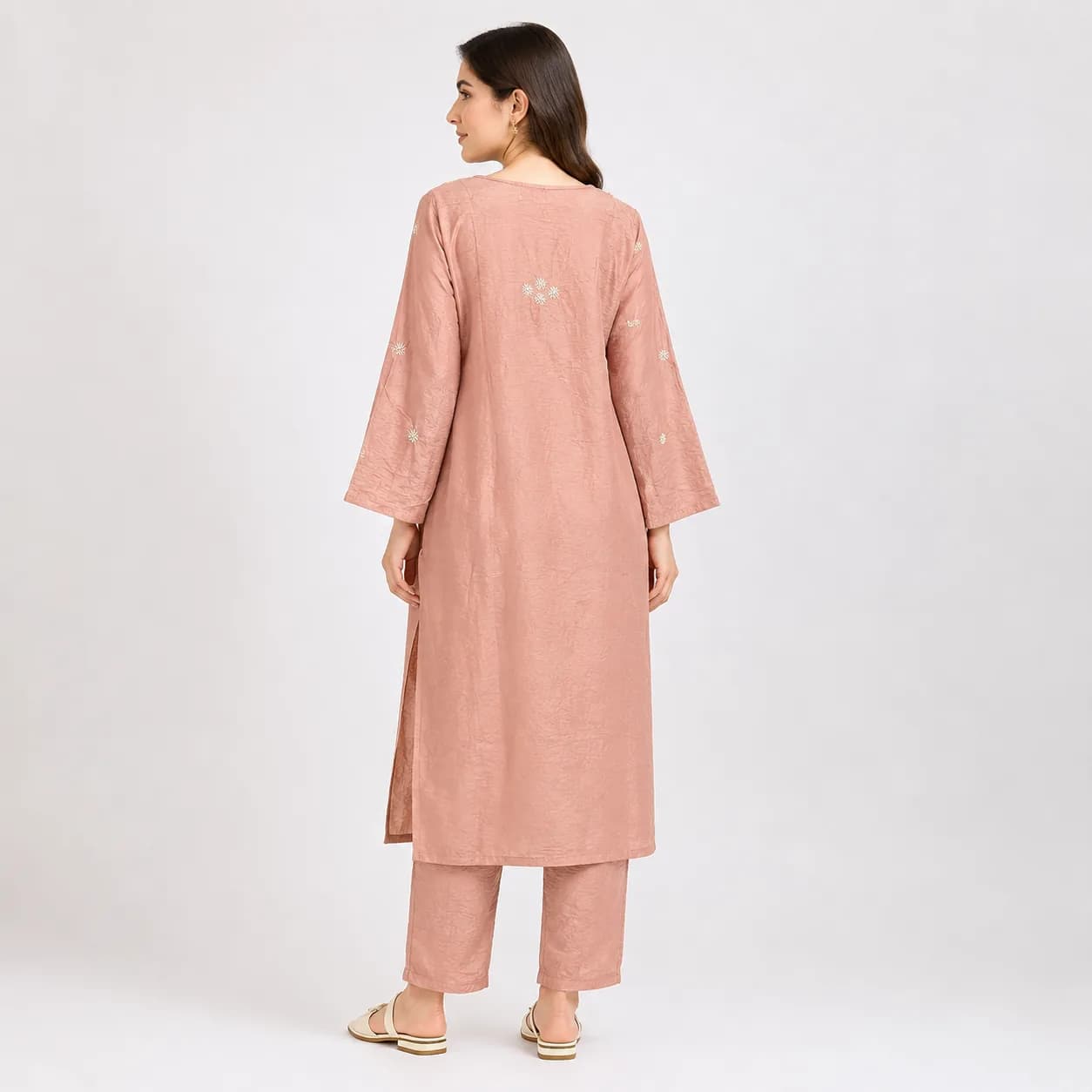 Blush Peach Chanderi Embroidered Kurta Pant Set — view 5