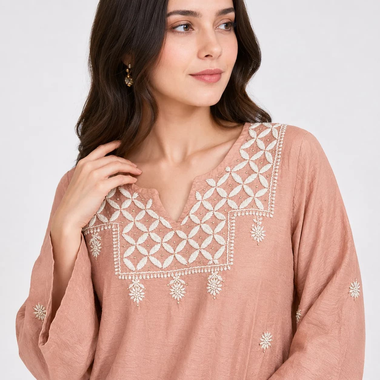 Blush Peach Chanderi Embroidered Kurta Pant Set — view 6