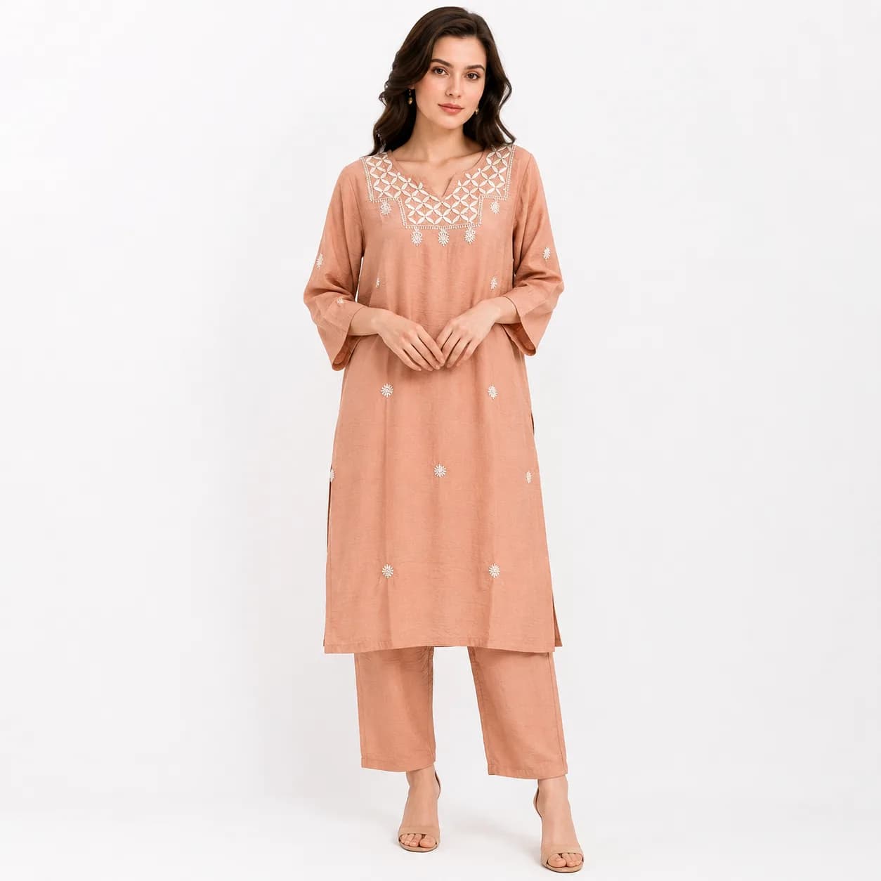 Blush Peach Chanderi Embroidered Kurta Pant Set — view 8