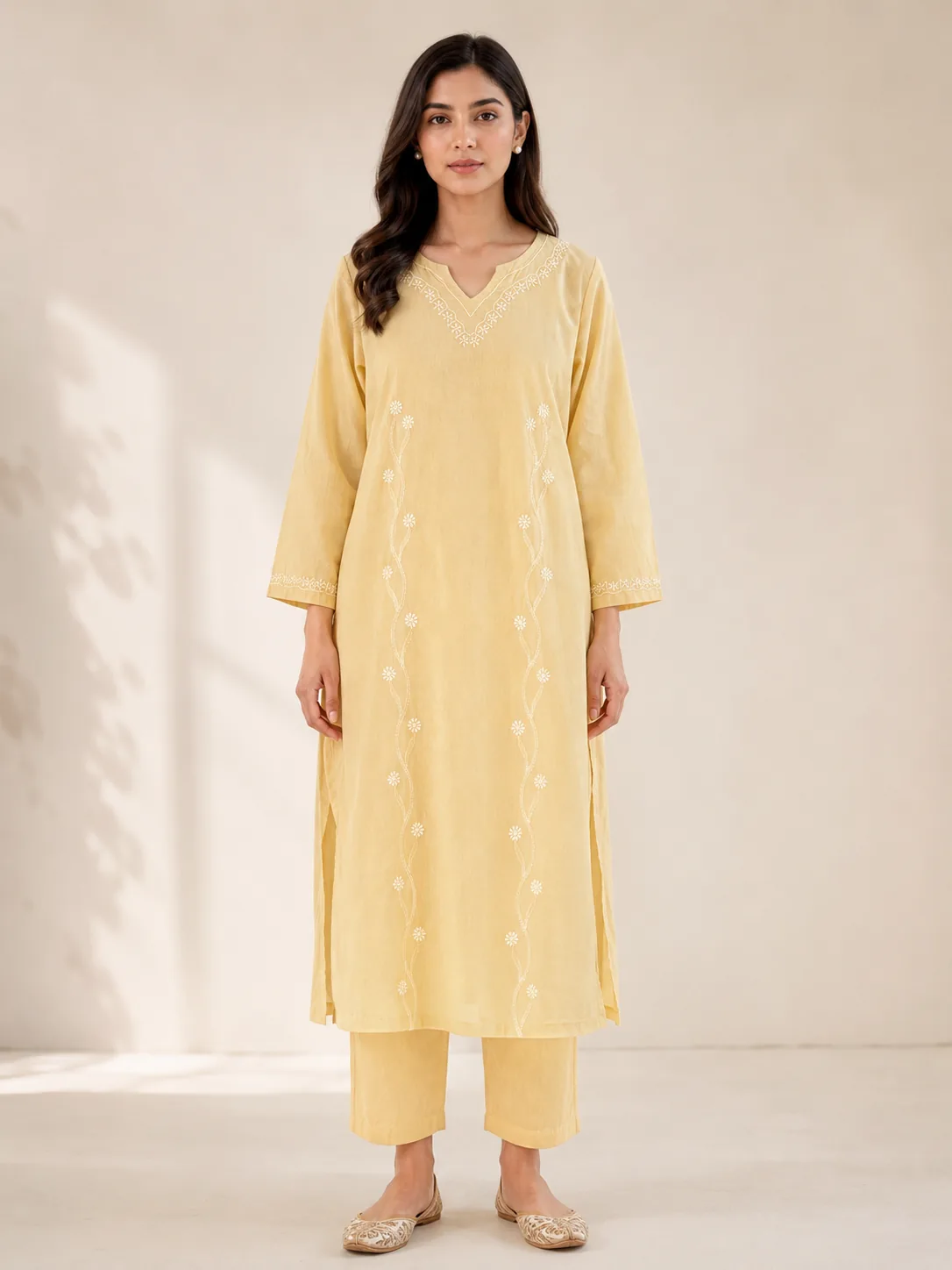 Butter Yellow Embroidered Cotton Kurta Pant Set