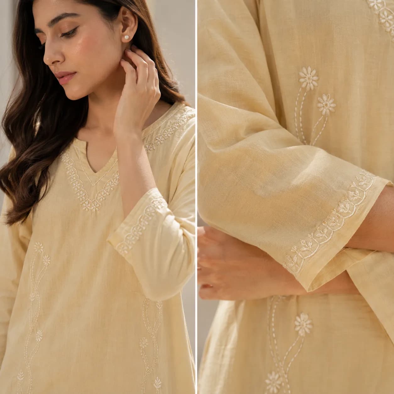 Butter Yellow Embroidered Cotton Kurta Pant Set — view 2