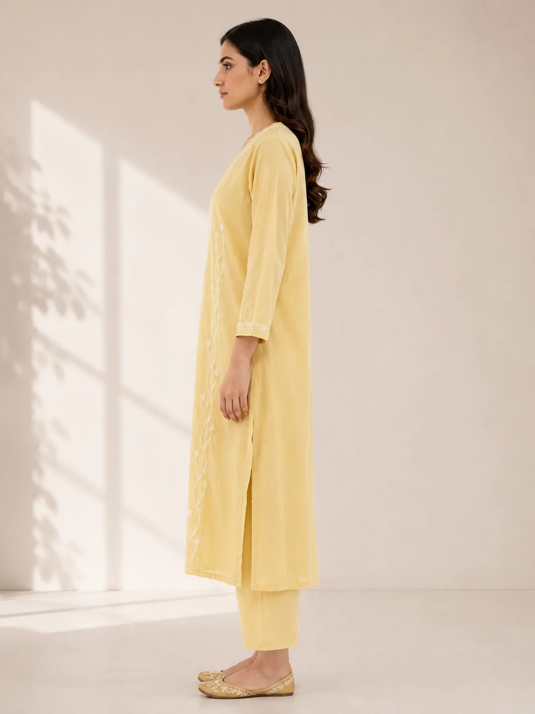 Butter Yellow Embroidered Cotton Kurta Pant Set — view 4
