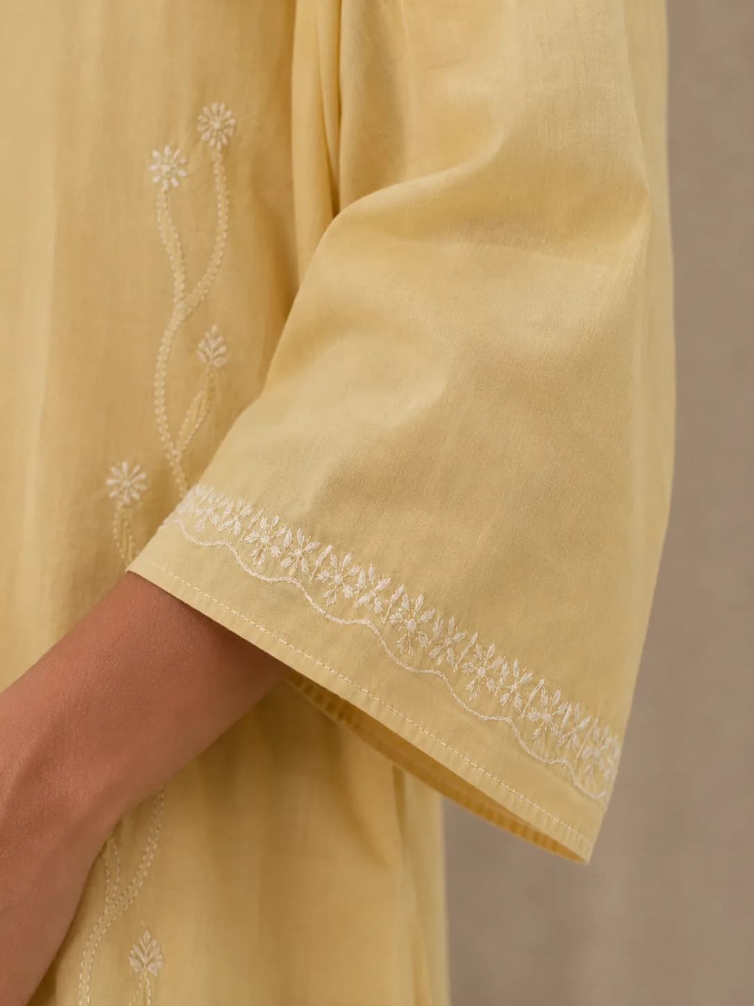 Butter Yellow Embroidered Cotton Kurta Pant Set — view 7