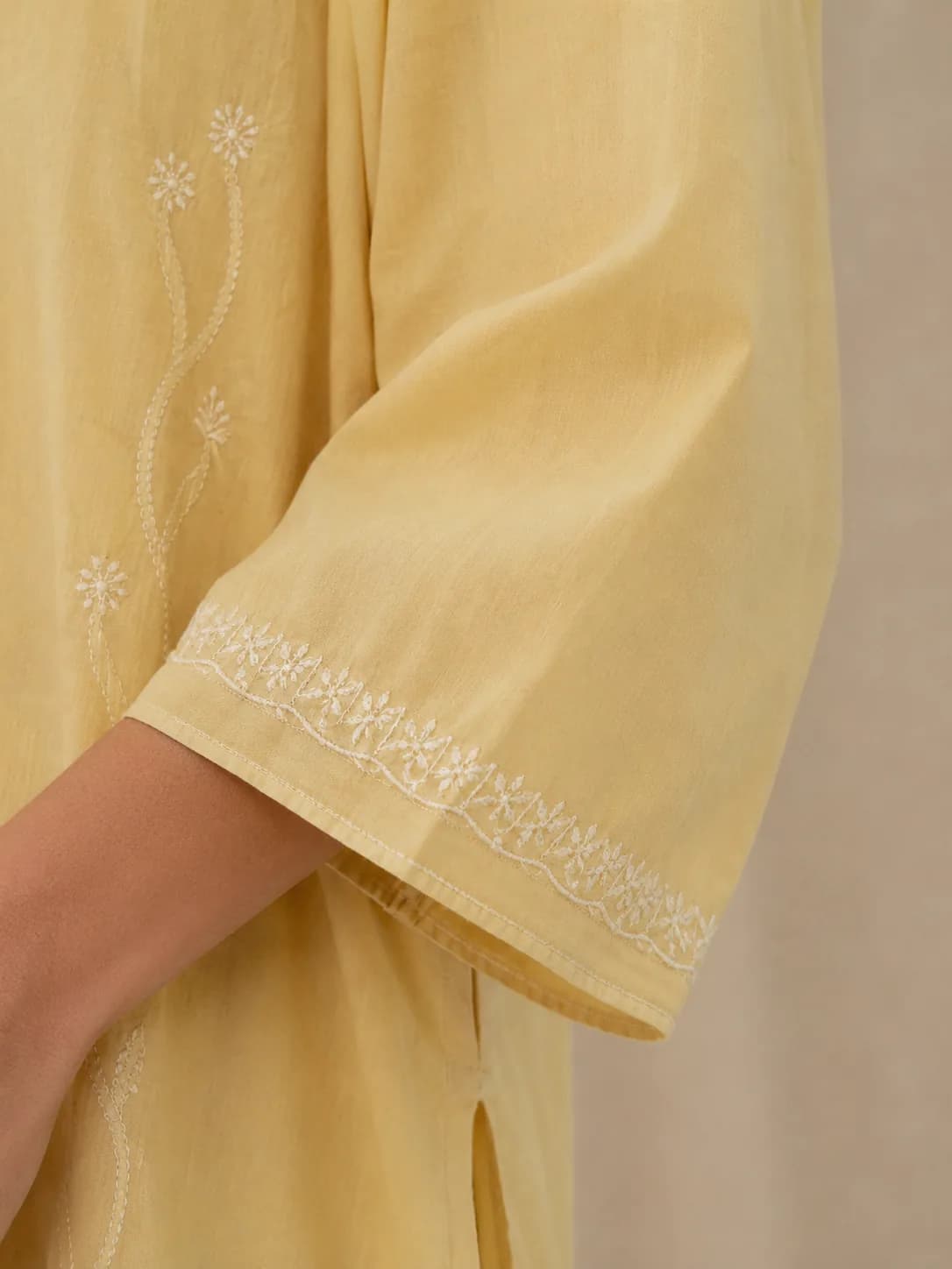 Butter Yellow Embroidered Cotton Kurta Pant Set — view 8