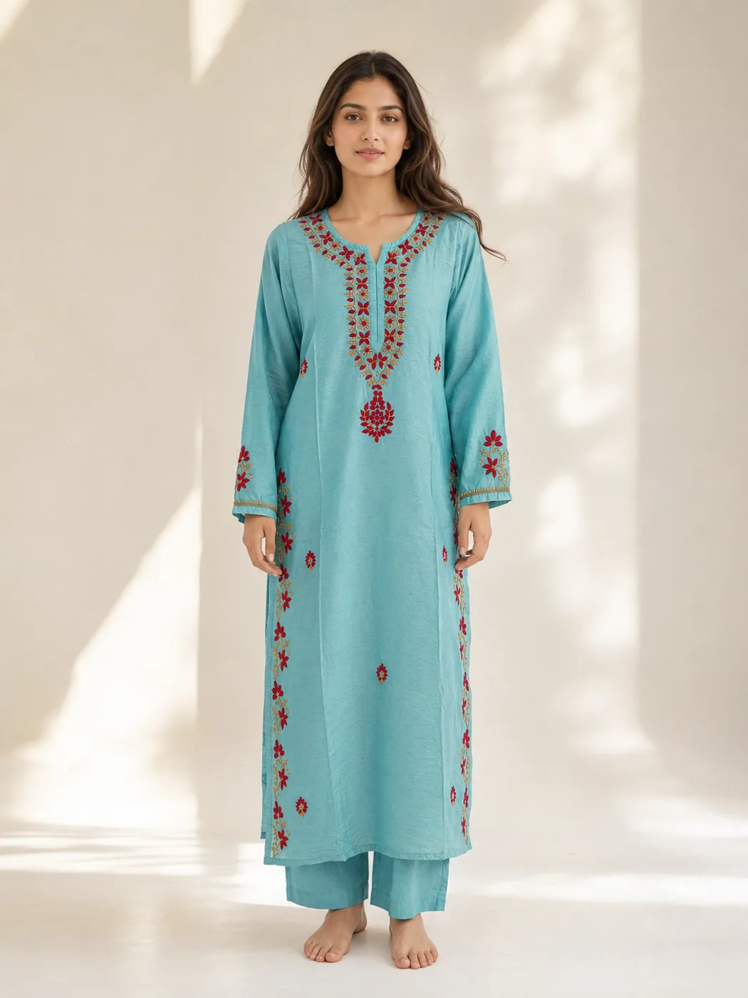 Turquoise Red-Floral Chikankari Kurta