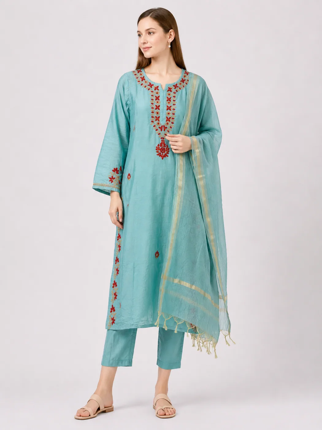 Turquoise Red-Floral Chikankari Kurta — view 5