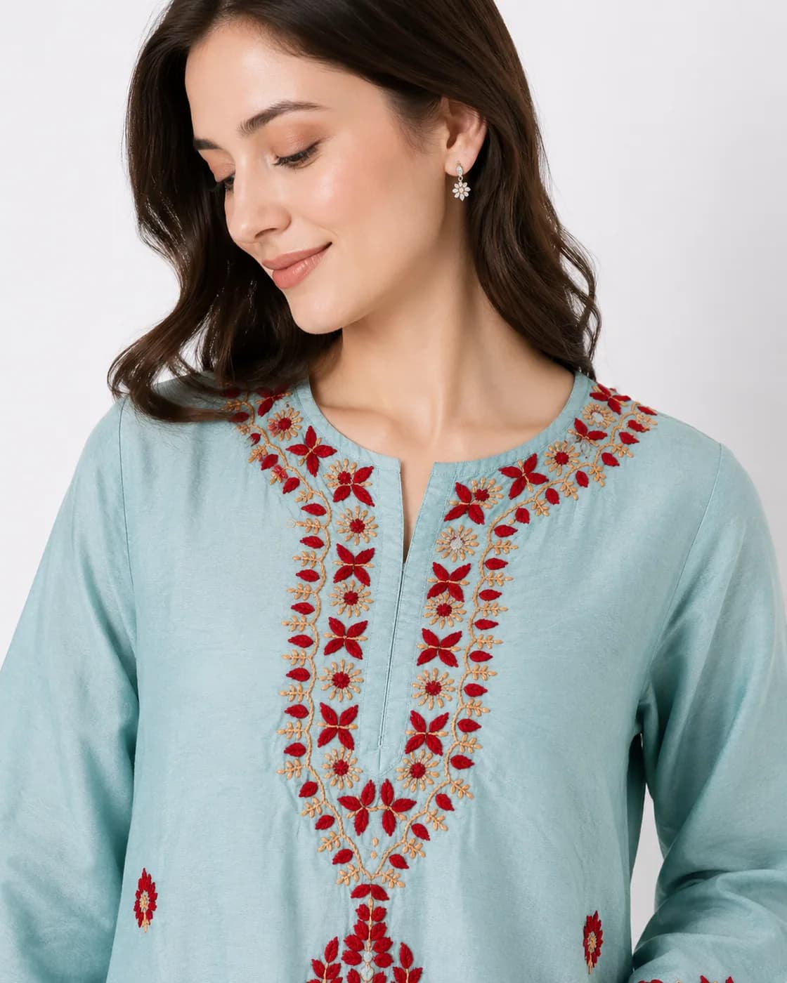 Turquoise Red-Floral Chikankari Kurta — view 6