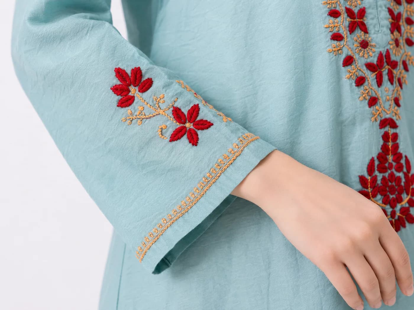 Turquoise Red-Floral Chikankari Kurta — view 7