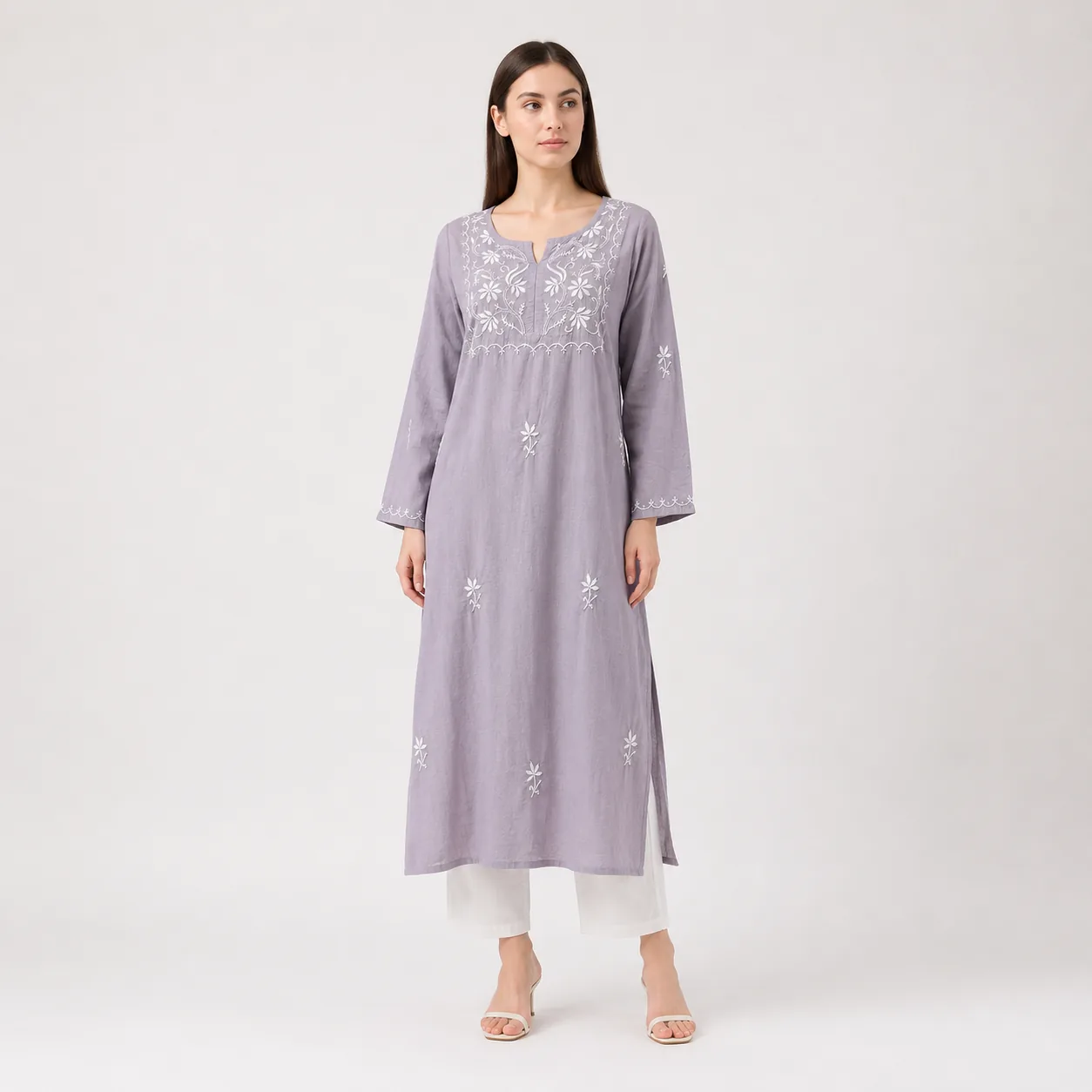 Mist Lavender Embroidered Cotton Kurta