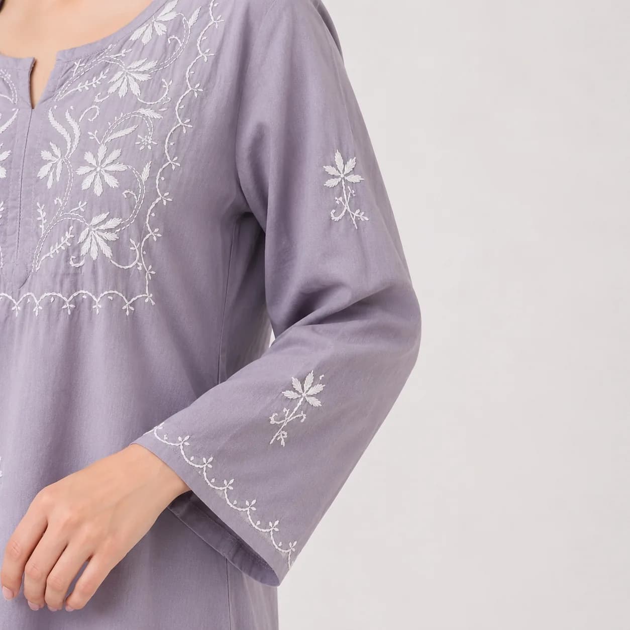 Mist Lavender Embroidered Cotton Kurta — view 5