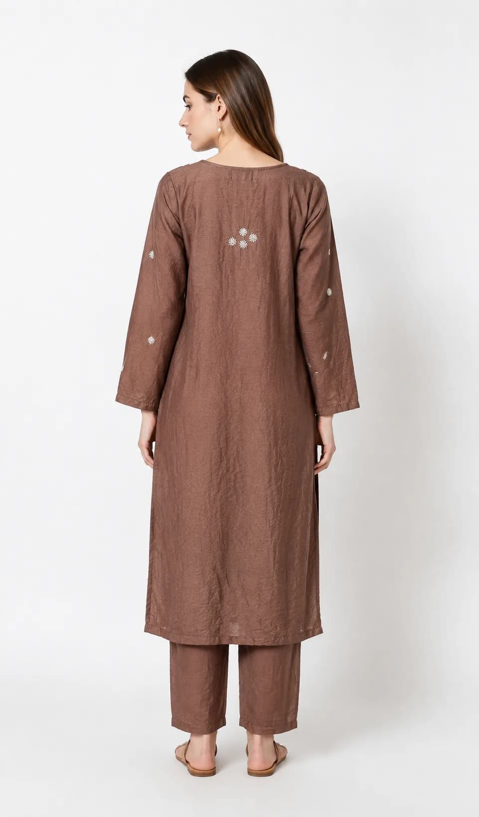 Mocha Brown Chanderi Embroidered Kurta Pant Set