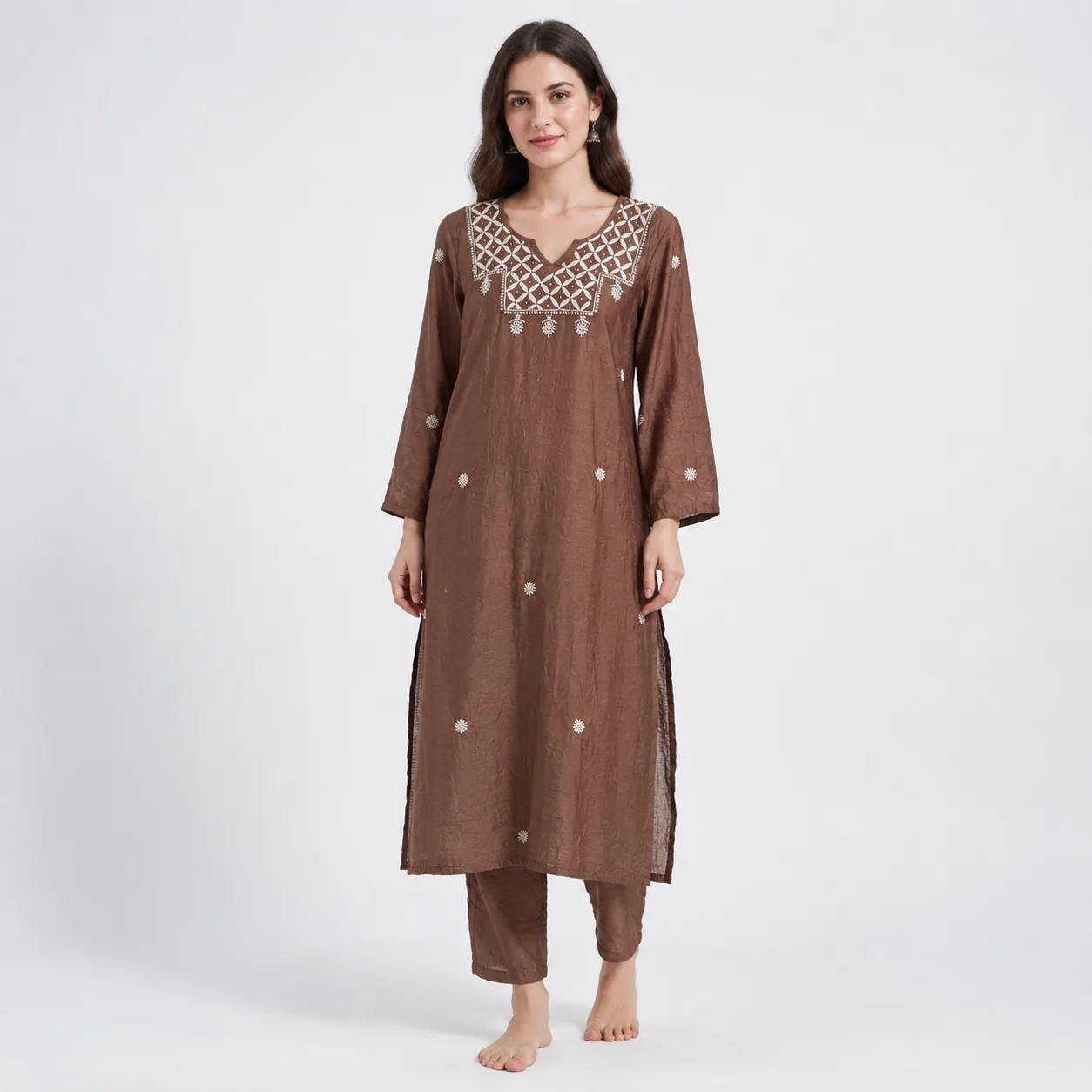Mocha Brown Chanderi Embroidered Kurta Pant Set — view 3