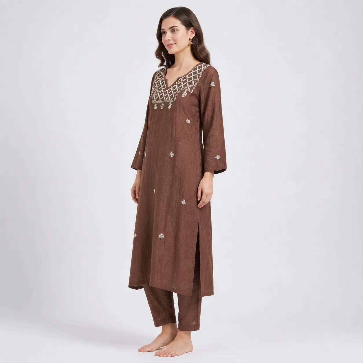 Mocha Brown Chanderi Embroidered Kurta Pant Set — view 4