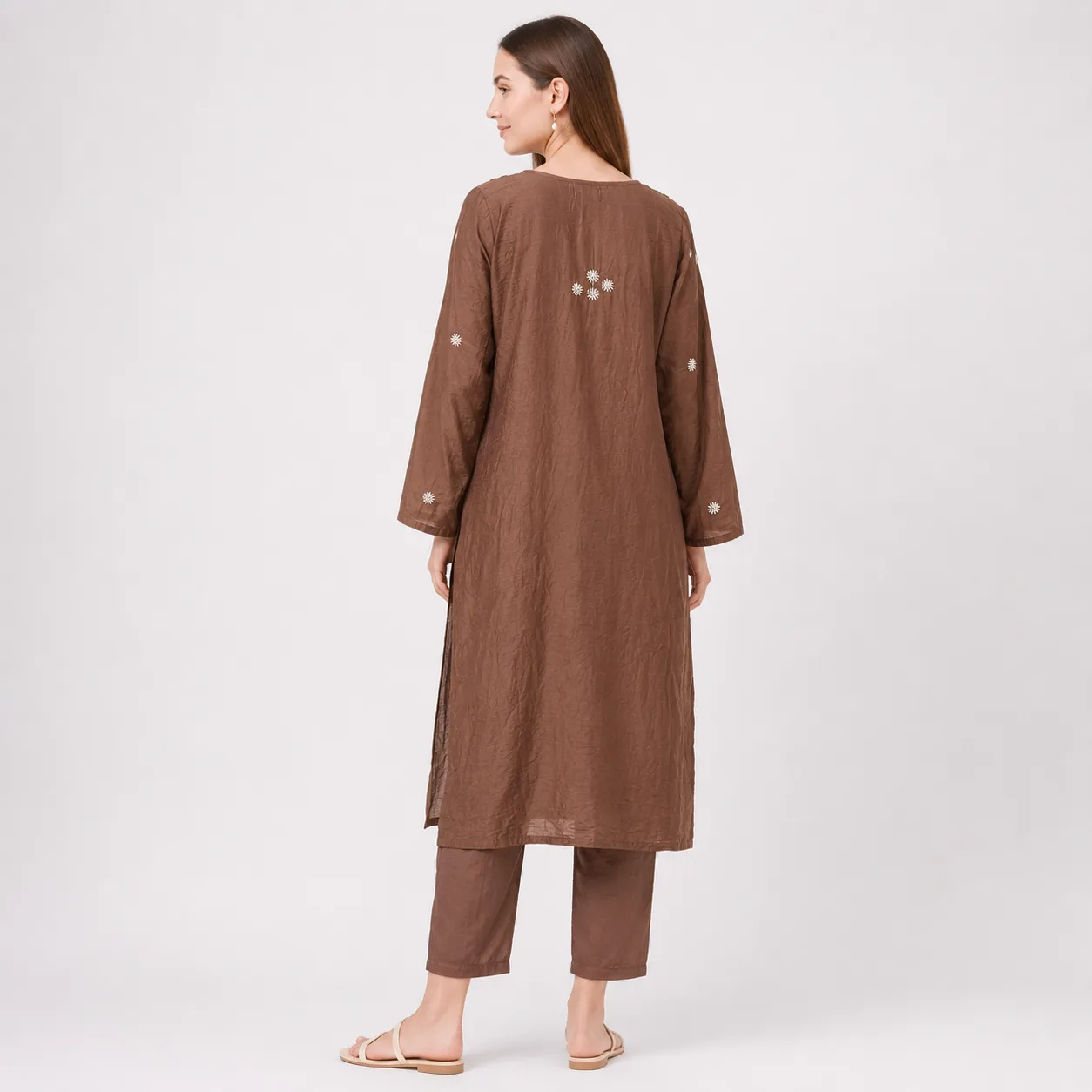 Mocha Brown Chanderi Embroidered Kurta Pant Set — view 6