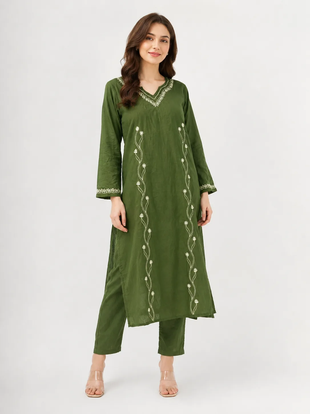 Olive Green Embroidered Kurta Pant Set