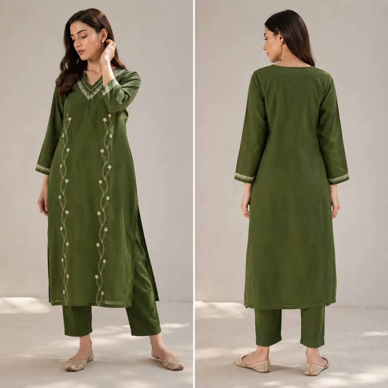 Olive Green Embroidered Kurta Pant Set — view 2