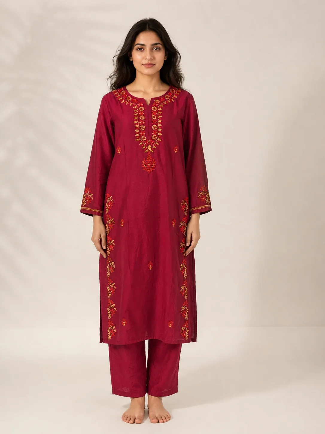 Ruby Red Embroidered Cotton Kurta Set with Dupatta