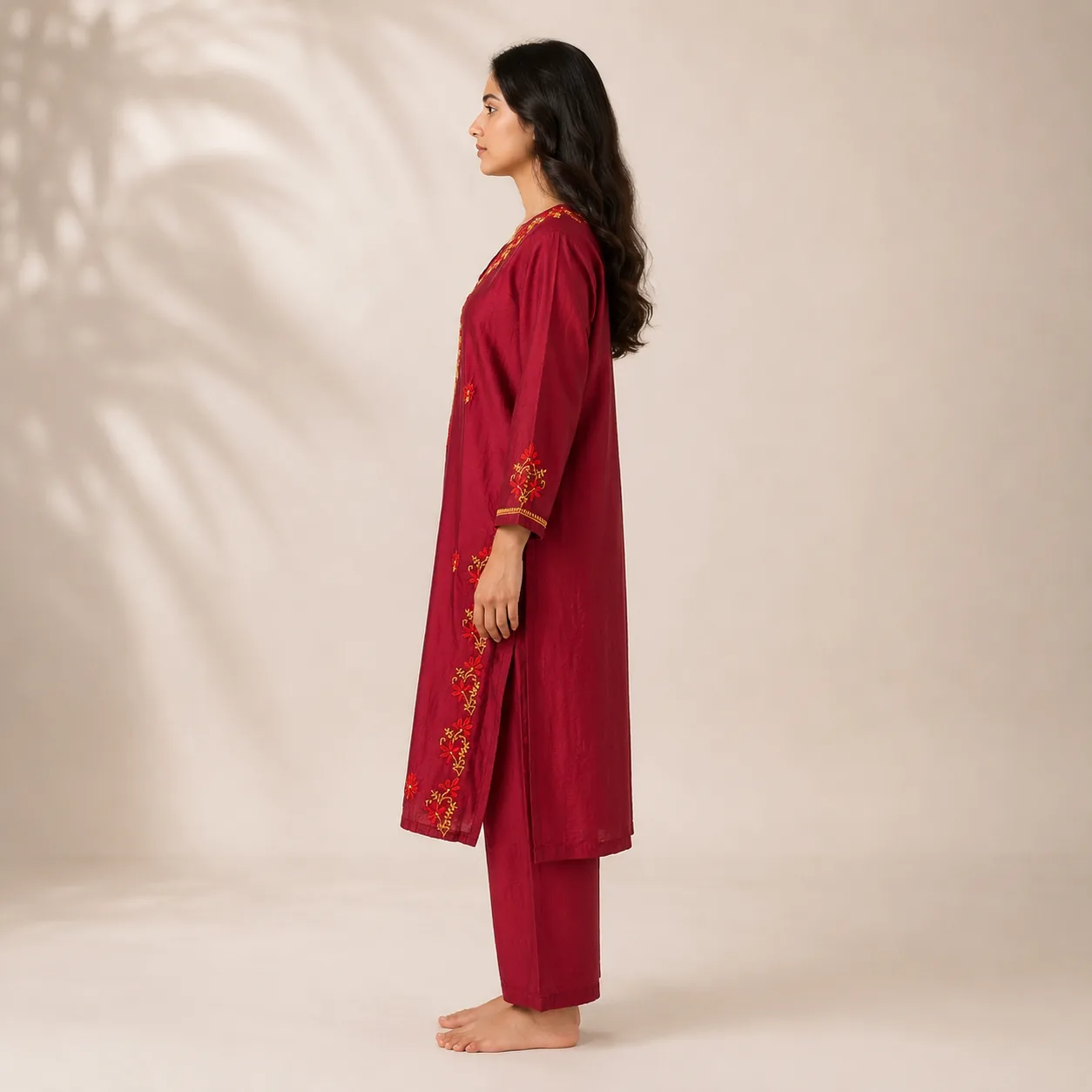 Ruby Red Embroidered Cotton Kurta Set with Dupatta — view 3