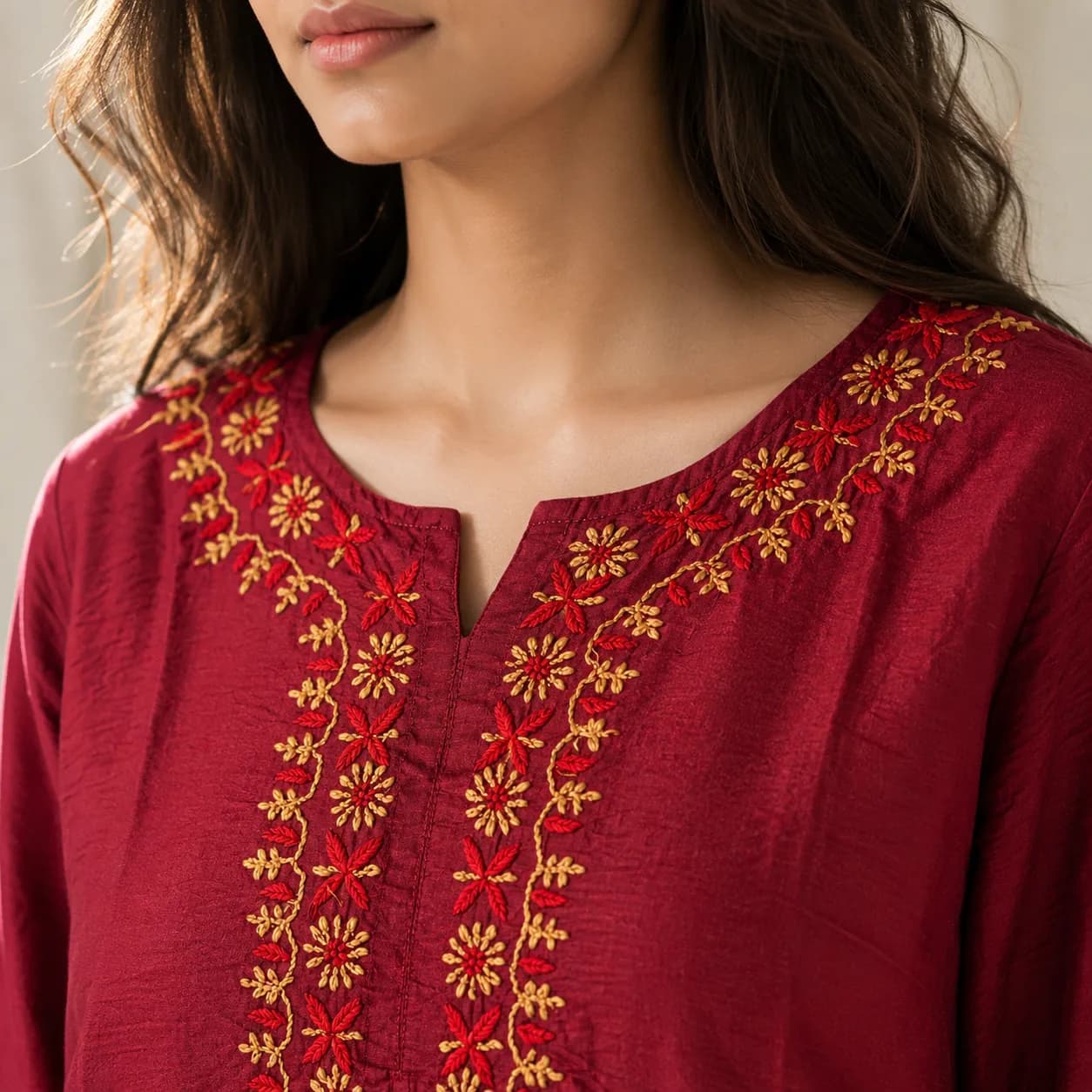 Ruby Red Embroidered Cotton Kurta Set with Dupatta — view 4