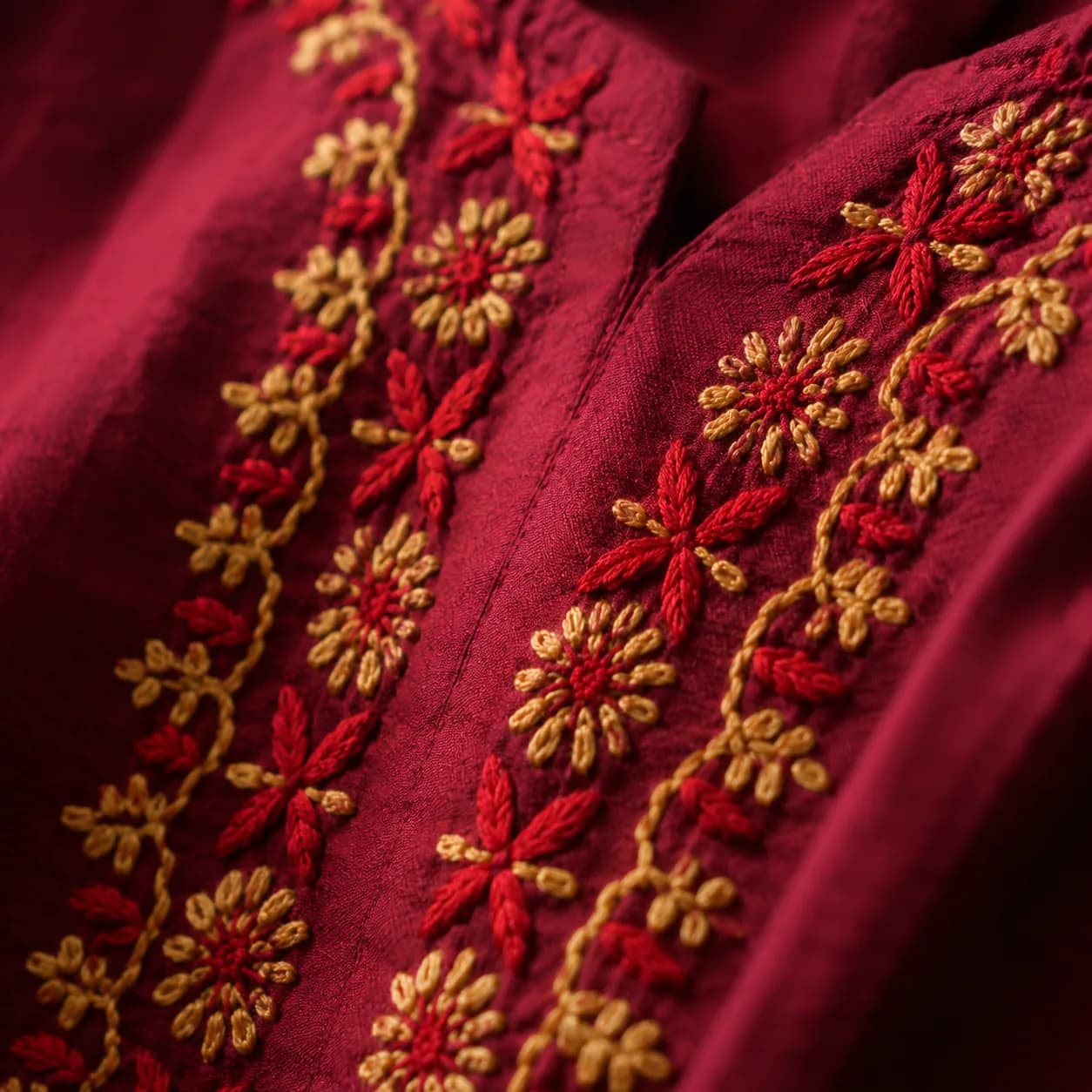 Ruby Red Embroidered Cotton Kurta Set with Dupatta — view 5