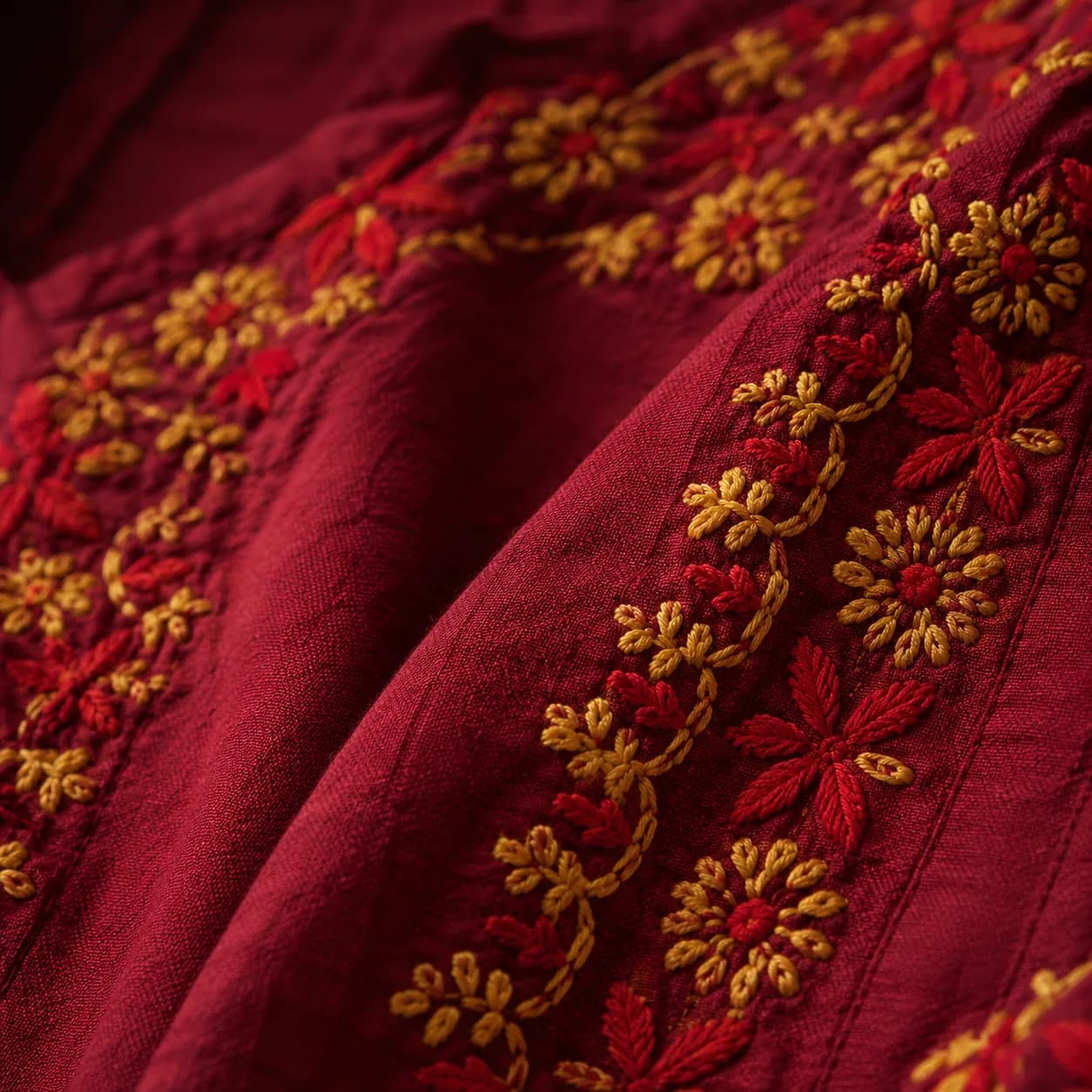Ruby Red Embroidered Cotton Kurta Set with Dupatta — view 6