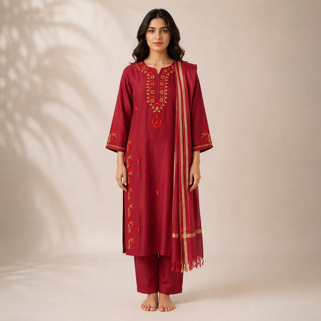 Ruby Red Embroidered Cotton Kurta Set with Dupatta — view 8