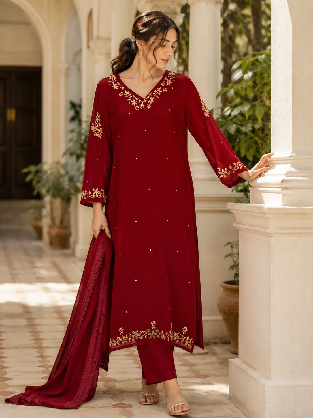 Ruby Red Embroidered Kurta Dupatta Bottom Set
