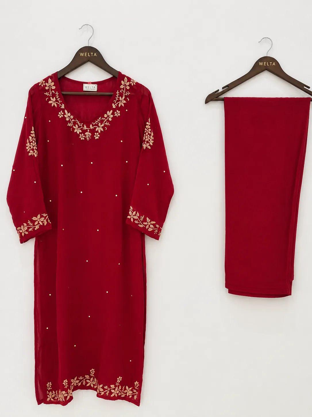 Ruby Red Embroidered Kurta Dupatta Bottom Set — view 2