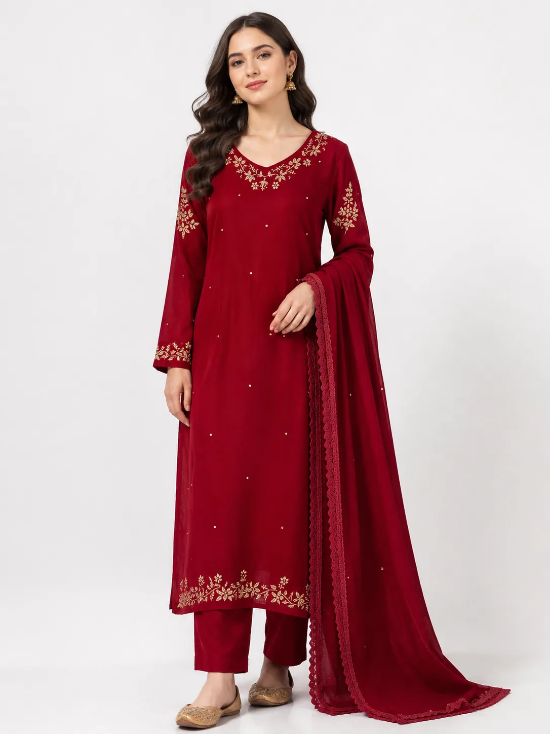 Ruby Red Embroidered Kurta Dupatta Bottom Set — view 3